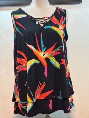 Worthington Black Tropical Floral Lace-Up Tank